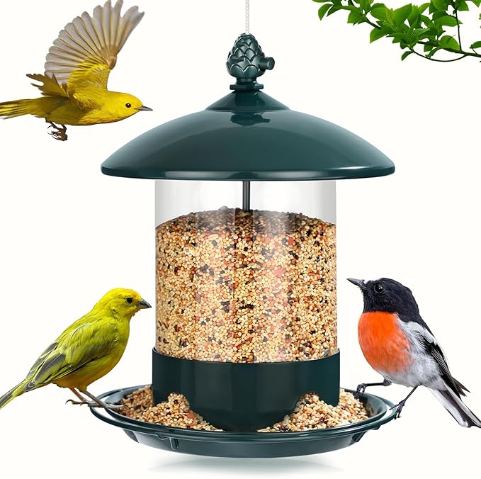Metal Bird Feeders for Outdoors Hanging, Weather Resistant Wild Bird Feeder with 360 Degree Feeding Tray, Green