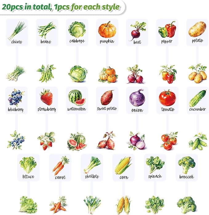 Whaline 20Pcs Acrylic Vegetable Plant Label Signs Garden Markers 20 Styles Watercolor Vegetable Fruit Waterproof Potted Plant Stake Tags with Names for Nursery Indoor Outdoor Garden Decor
