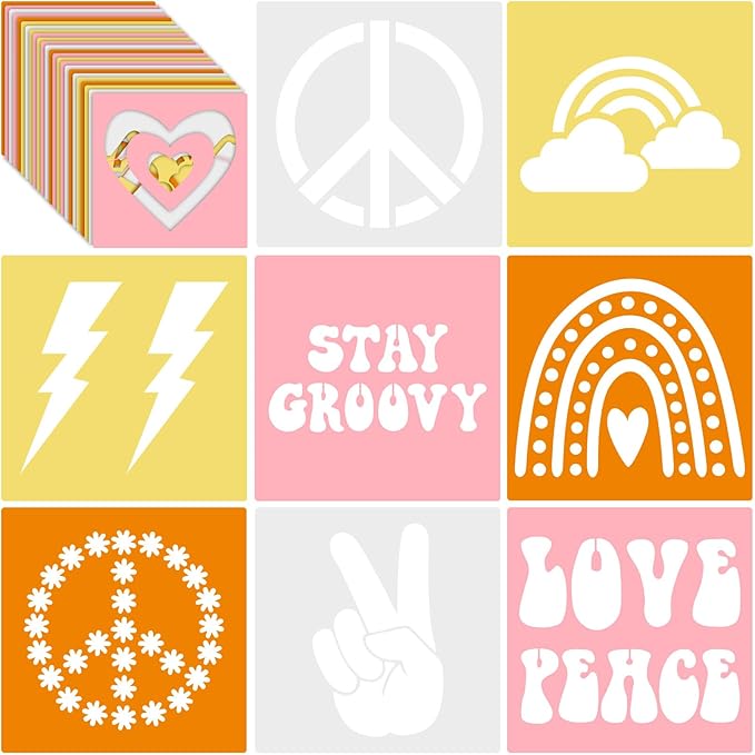 Henoyso 24 Pcs Boho Groovy Peace Stencil Set 8 x 8 Inch Plastic Drawing Painting Chalk Templates Assorted Stencils Reusable for Kids Painting on Wood Paper Scrapbook Wedding DIY Art Crafts