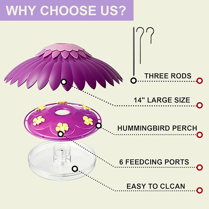 Hummingbird Bird Feeders for Outdoors Hanging, Bird Feeder Cover Built-in Moat Weather Protective Rain Guard 16Oz Hummingbird Nectar Feeder with 6 Ports and 14 Inche Dome Baffle Kit(Purple)