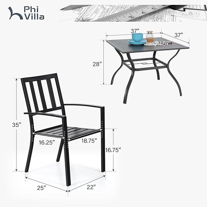 PHI VILLA 5-Piece Metal Patio Outdoor Table and Chairs Dining Set- 37" Square Bistro Table and 4 Backyard Garden Chairs, Table with 1.57" Umbrella Hole