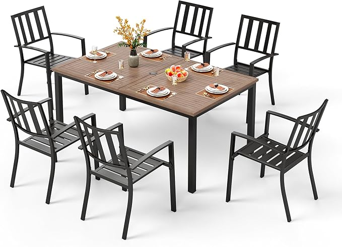 PHI VILLA 7 Pieces Outdoor Dining Set for 6, 65” Brown Wood-Like Metal Steel Dining Table & Stackable Black Iron Chairs, Large Outside Furniture Set for Patio, Deck, Yard, Porch