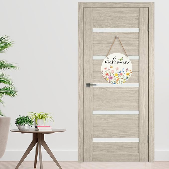Spring Flowers Welcome Door Sign Colorful Floral Summer Door Hanger Home Decorations Spring Butterfly Wooden Hanging Sign Seasonal Farmhouse for Wall Porch 12x12 Inch