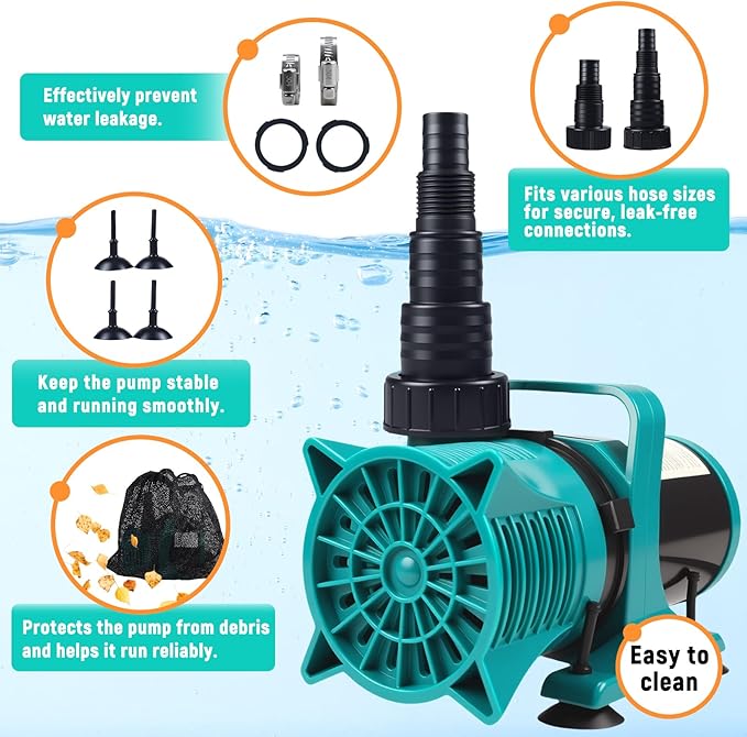 150W 3100GPH Submersible Pond Pump, Ultra Quiet & Energy Efficient Water Pump, 20FT Cord, 18FT Lift, Multi-Angle Nozzle for Koi Pond, Fountain, Waterfall, Aquarium, Garden Use, UL Listed