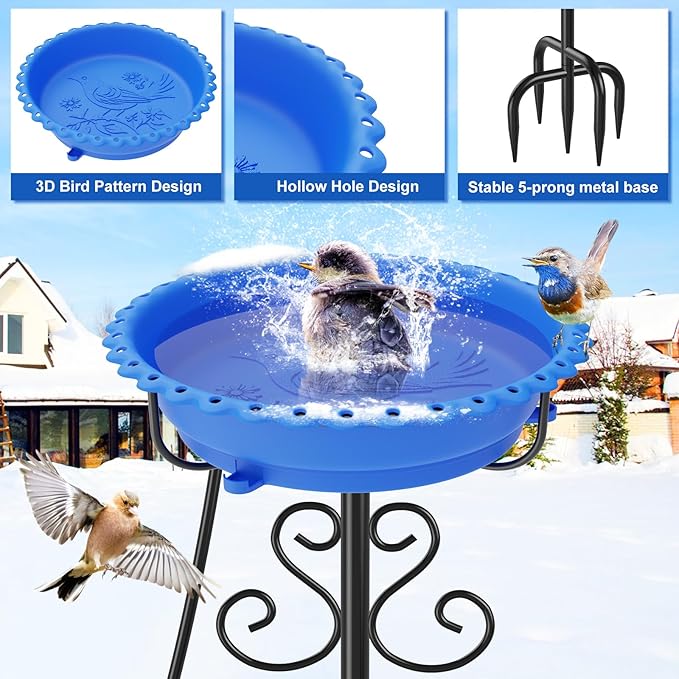Heated Bird Baths for Outdoors,Upgraded 100W Thermostat Control Heated BirdBaths for Winter with Metal 5 Prong Base Heated Bird Bath for Outside Winter Garden Yard Patio Lawn (Blue)