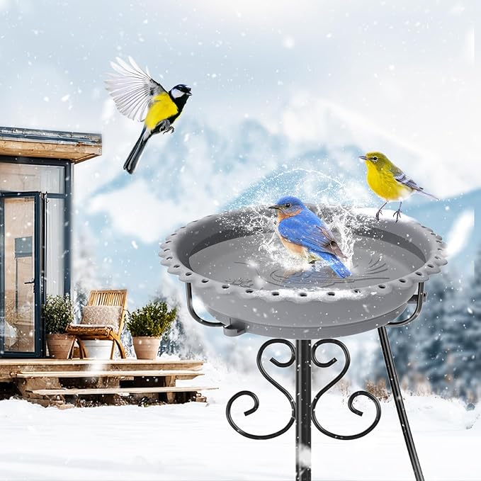 Heated Bird Baths for Outdoors,Upgraded 100W Thermostat Control Heated BirdBaths for Winter with Metal 5 Prong Base Heated Bird Bath for Outside Winter Garden Yard Patio Lawn (Grey)