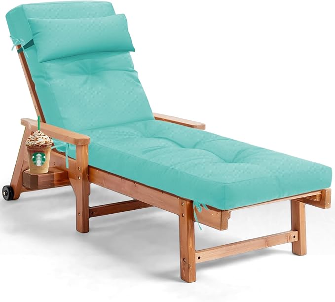 Waterproof Lounge Chair Cushion Outdoor for Chairs, Fade Resistant Chaise Lounger Cushions Replacement with 6 Ties, Thickened Memory Foam Pool Lounge Chair Cushions, 76 x 22 x 4.7 Inches, Teal