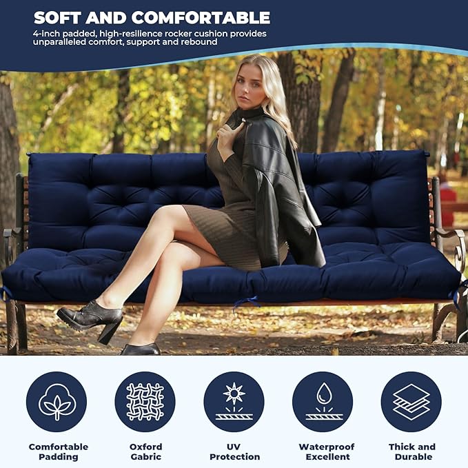 Porch Swing Cushions, Waterproof Swing Cushions Replacement with Backrest, Outdoor Swing Bench Cushions 2-3 Seater Replacement for Patio Furniture 60x40 (Navy)