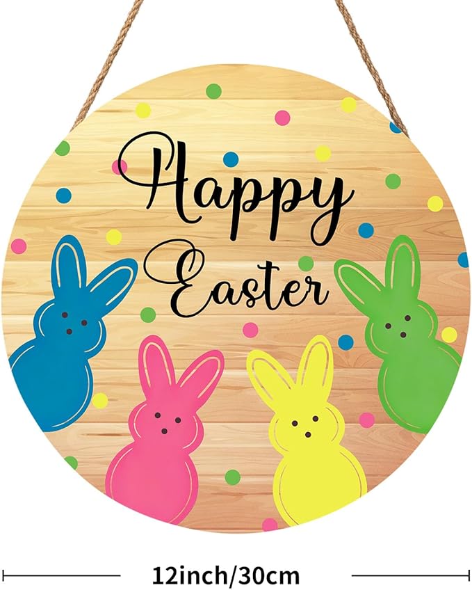 Anyako Happy Easter Yellow Door Sign For Front Door Decor,Cute Bunny Colored Polka Dots Wooden Sign 12"x 12" Round Hanging Spring Summer Door Sign Decoration for Wall Rustic Decor