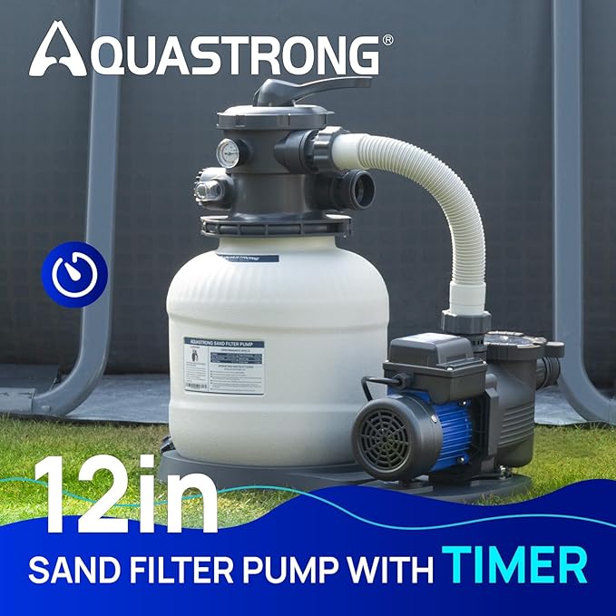 AQUASTRONG Sand Filter Pump for Above Ground Pool, Pool Pumps Above Ground,Pool Sand Filter with 6-Way Valve,Improved Circulation and Filtration, 12in, 3/4 HP 3800 GPH with Timer
