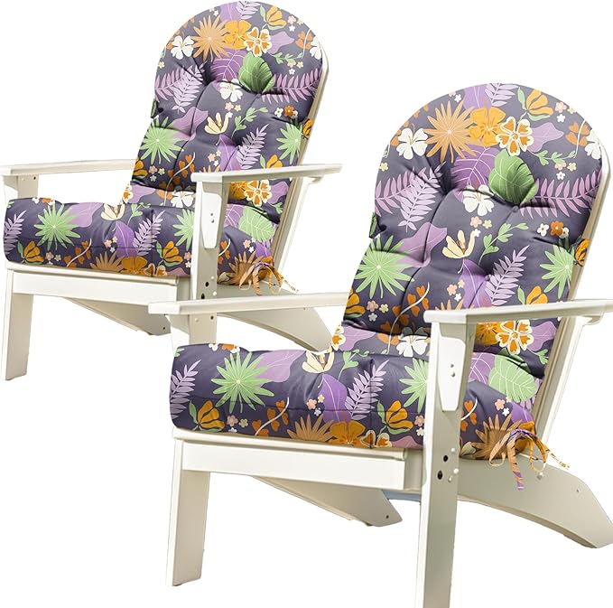 2 Pack Adirondack Chair Cushion Waterproof Indoor Outdoor Rocking Chair Cushion 44 Inches Patio High Back Chair Cushions Thickened Adirondack Rocking Chair Cushions with Ties, Purple Flower Leaves