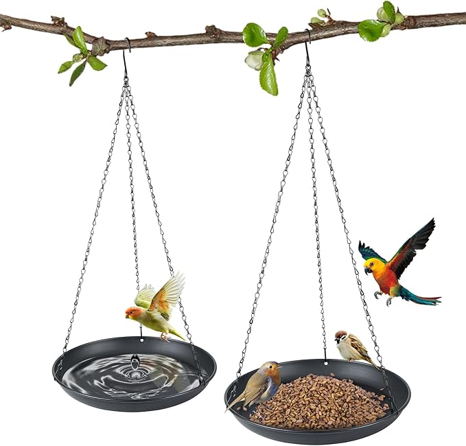 2-Pack Hanging Bird Bath, Outdoor Metal Birdbath with Shallow Feeder Bowl for Wild Birds, Garden, Patio, Deck & Yard, 2 Size (9.8"/11.8" Diameter) (9.8IN-2PACK)