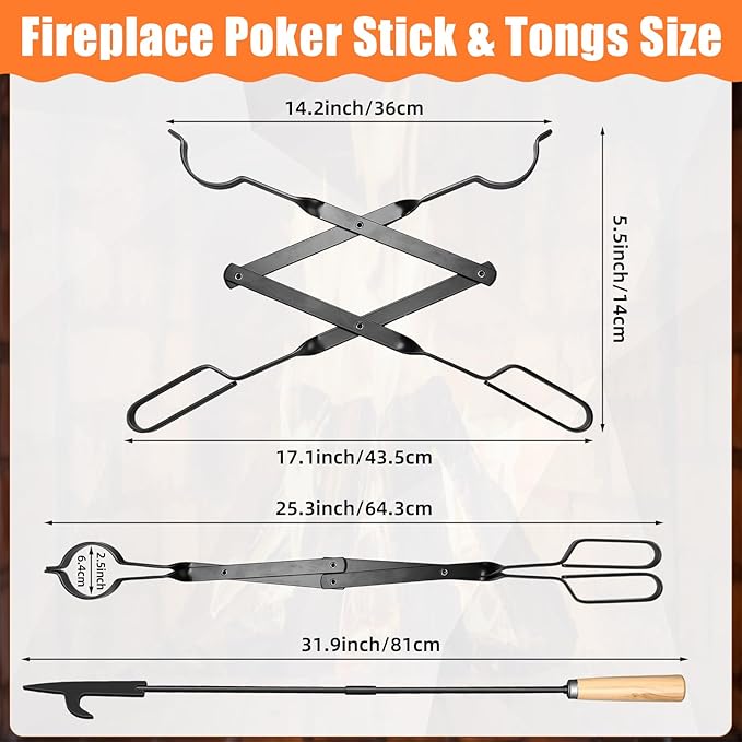 Patelai 8 Pcs Campfire Fire Pit Accessories Include 6 Pcs 25" Smores Sticks for Fire Pit 32" Campfire Poker 25" Fireplace Tong, Roasting Sticks Camping Gear Essentials Hot Dog Fork