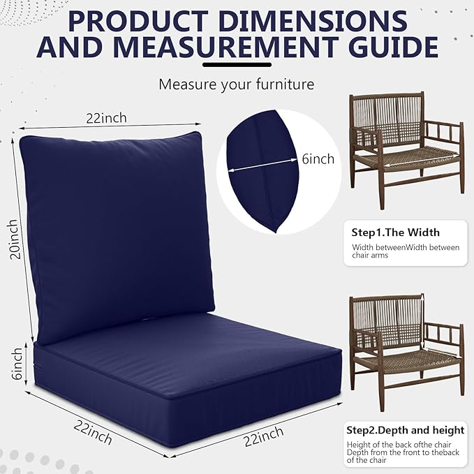 22" x 22" x 6" Outdoor Deep Seat Cushions - Waterproof & Fade Resistant Patio Furniture Replacement Cushions, Non-Slip Outdoor Cushions Fit Loveseats, Couches, Chairs, and Sofas