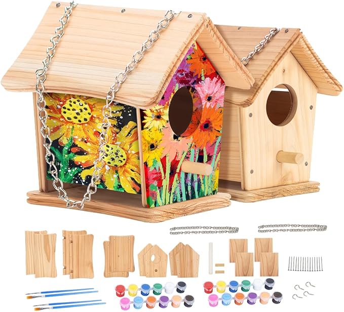 2pc DIY Birdhouse Kit, Cedar Wood Bird House Kits Bulk for Adults, Art Craft Outdoor Birdhouse, Solid Wood Weather Proof Material Painting Kit, Chain for Tree Hanging