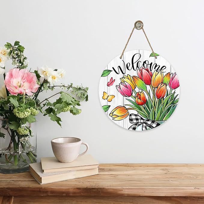 Welcome Spring Summer Tulip Flowers Front Door Sign, Floral Butterfly Mason Jar Wood Door Hanger Outdoor Outside Porch Decor, Seasonal Farmhouse Wooden Wreath Indoor Wall Hanging Decoration
