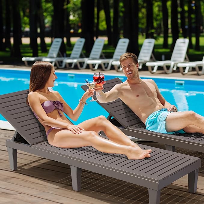 VINGLI Outdoor Chaise Lounge Chair Set of 2, Waterproof Outdoor Lounge Chair with 5-Level Adjustable Backrest, Patio Chaise Lounges for Garden, Pool, Beach Patio Deck Sunbathing (Light Taupe, 2 PCS)