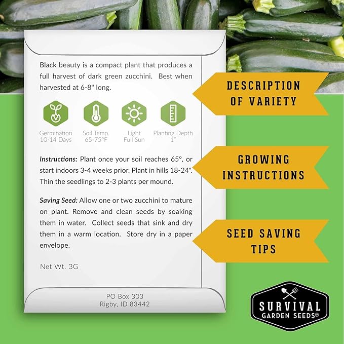 Survival Garden Seeds Zucchini & Squash Collection Seed Vault - Non-GMO Heirloom Seeds for Planting Vegetables - Assortment of Golden, Round, Grey, Black Beauty Zucchinis, Straight Neck Summer Squash