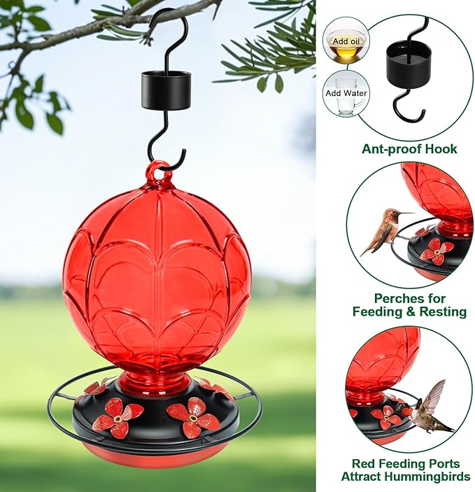 26 OZ Glass Hummingbird Feeder for Outdoors Hanging - Hand-Blown Hot Air Balloon Design - Leak-Proof & Ant Moat - Garden Decor Gift for Mom, Red