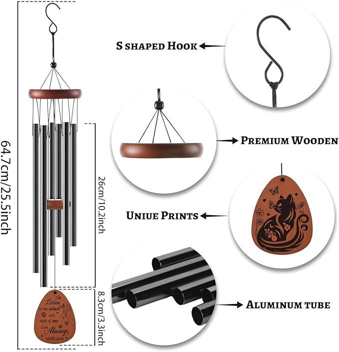 Memorial Gifts for Loss of Cat - Rainbow Bridge Pet Memorial Wind Chimes for Loss of Cats Pet Sympathy Remembrance Gift in Memory of Cat Wind Chimes for Outside Garden Patio Condolence