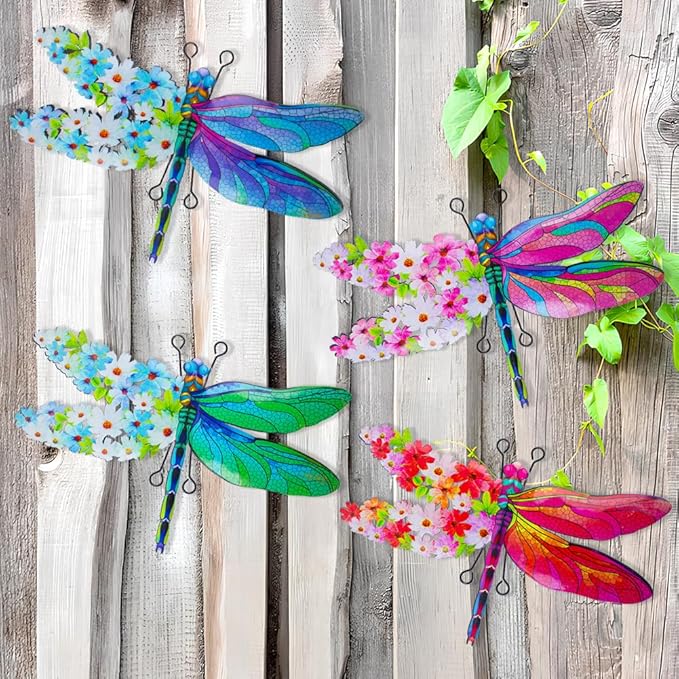 Dragonfly Wall Decor, 4 Pack Metal Outdoor Wall Decor Art, Colourful Dragonfly Decor for Garden Yard Patio Fence Living Room Bedroom