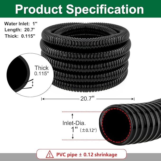 LONGRUN Pond Tubing 1 Inch Diameter, 20.7 Feet Long Corrugated Flexible Hose Pipe with Clamps Pipe Fittings, Pool PVC Tube for Garden Ponds Waterfalls Camping Caravans Filters Drainage Marine