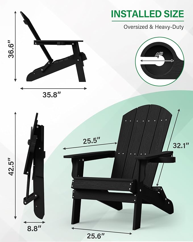 YEFU Adirondack Chair, Oversized Plastic Adirondack Chair Folding Outdoor Chairs with Cup Holder, Lawn Chair with Weather Resistant for Outside Deck Lawn Garden, Weight Capacity Up to 400 Lbs(Black)