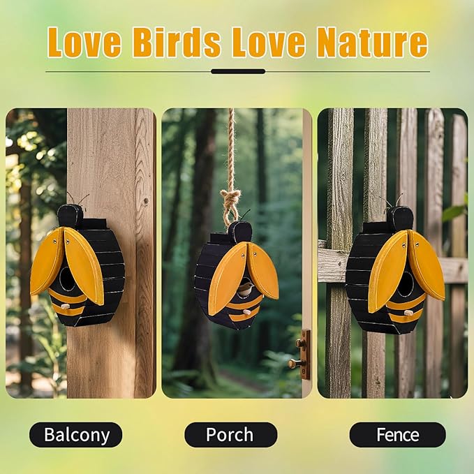 Bird Houses for Outside, Bee-Shaped Birdhouse Attracts Wild Birds (Bluebirds, Finches, Cardinals), Durable Wood Bird House with 4 cm Entrance Hole,Unique Garden Decor,Weather-Resistant