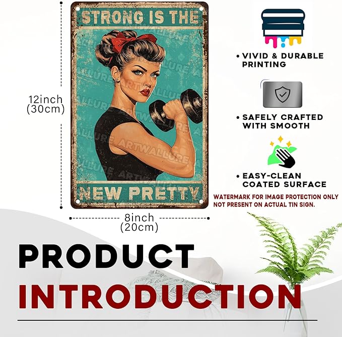 Gym Decor Strong Is The New Pretty Metal Tin Sign Vintage Fitness Motivational Wall Art for Home Gym Workout Room 8x12 Inch