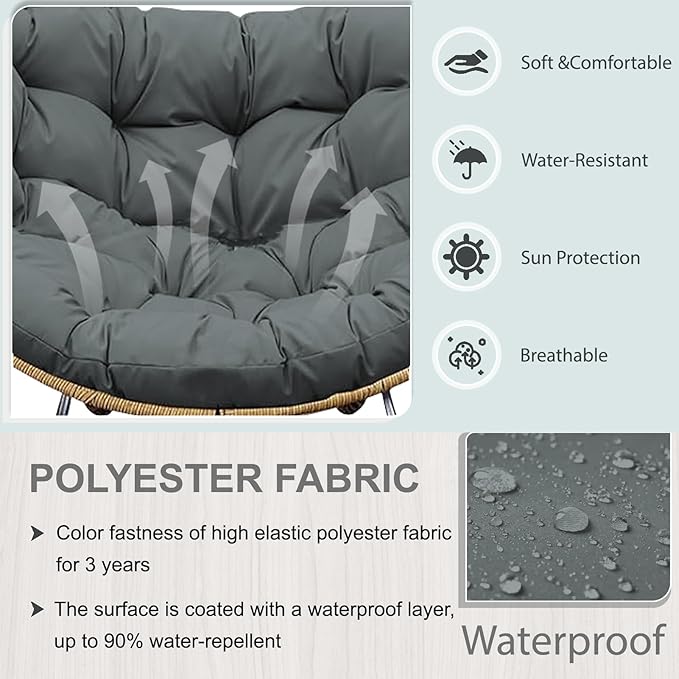 Outdoor Rocking Chair Cushion – Waterproof Wicker Egg Chair Replacement Pad, Thick Papasan Seat Cushion with Ties for Indoor & Outdoor Patio, Porch, Balcony, or Garden (Dark Gray)