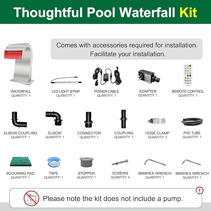 LONGRUN Waterfall Spillway Stainless Steel S-Shaped Pool Fountain, RF & APP Controled Colorful LED Light Pond Waterfalls for Indoor Outdoor Garden Rockery Koi Pond Swimming Pools-16.7" Height