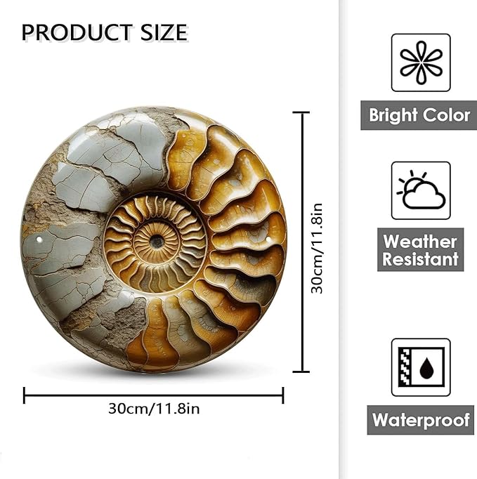 Nautilus Shell tin sign, Vintage Ammonite Fossil metal sign Print Aesthetic Room Decoration for Home Bedroom Bar Cafe Garden and Outdoor Round Wall Decor (12 inch)