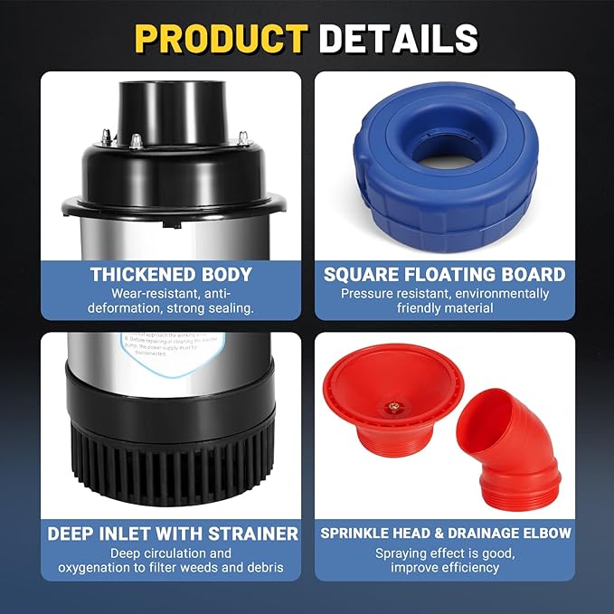Pond Aerator Fountain, 15000 GPH 1HP 110V 750W Floating Fountain Pump, Fit for Large Small Outdoor Ponds Lakes - with 100 Feet Power Cord & Timer Fully Automatic Stainless Steel Aerator