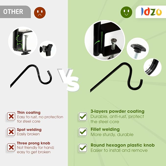 Idzo Deck Hook for Bird Feeder, 43in Deck Bird Feeder, Plant Hanger for Railing, 3in Non-Slip Clamp, 2 Packs