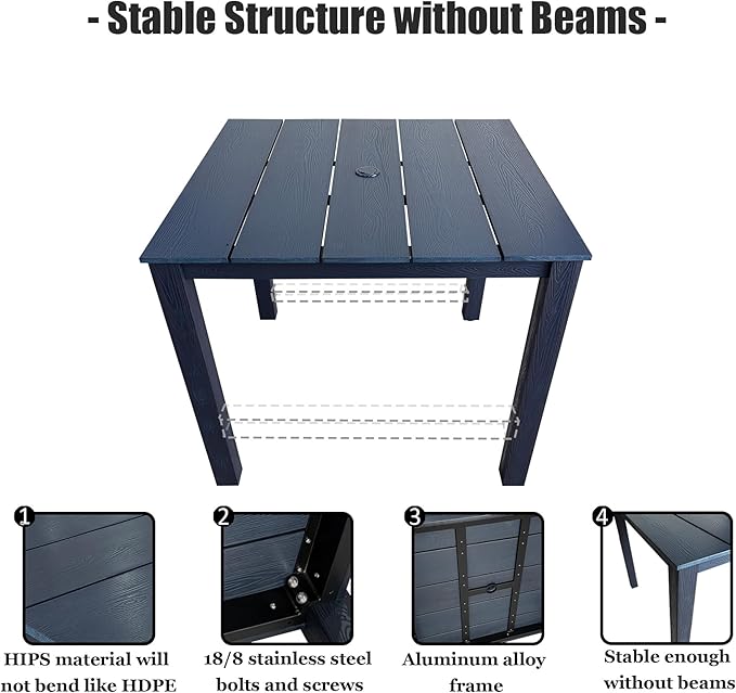 Poly Lumber Patio Dining Set, HIPS Outdoor 36.2-Inches Dining Table and Slat Back Chairs, with Umbrella Hole, Weather Resistant (5 Piece, Navy Blue)