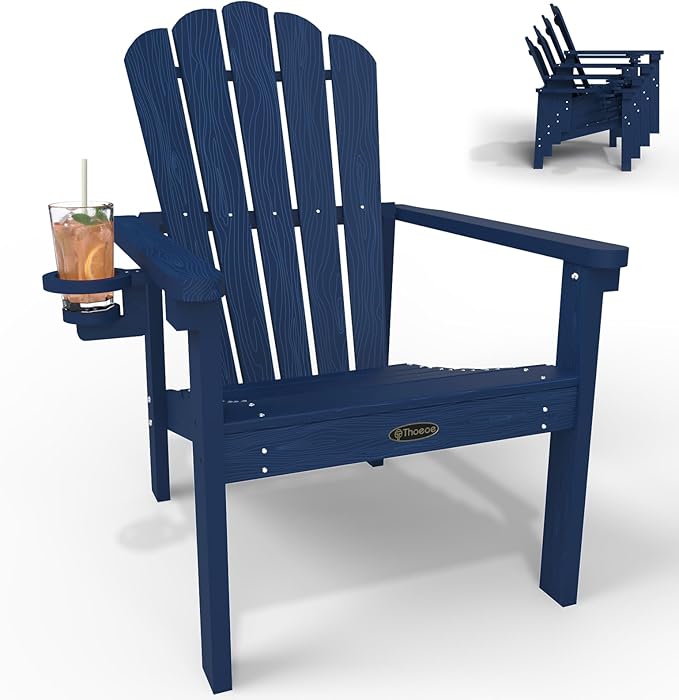 Stackable Adirondack Chair, HDPE All-Weather Adirondack Chairs - Durable and Space Saving, Plastic Outdoor Fire Pit Chairs with Cup Holder,Navy Blue