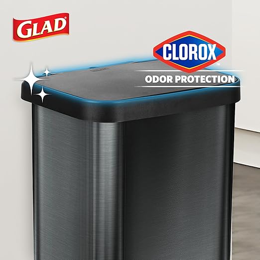 Glad 13-Gallon Stainless Steel Step Trash Can with Clorox Odor Protection, Soft Close Lid, Foot Pedal & Waste Bag Holder – Large Indoor Metal Garbage Bin for Kitchen, Home & Office Use