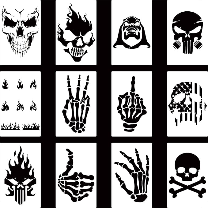 YKW Skull Stencils, 12Pcs Reusable Skeleton Hand Painting Templates, for Wood Walls Chalkboards Rocks DIY Art Projects,Ideal for Crafters, Artists, and Designers
