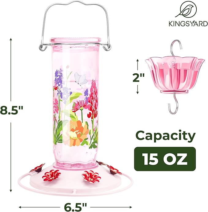 Kingsyard Hummingbird Feeder for Outdoor Hanging - Charming Patterned Glass Humming Bird Feeder with 6 Feeding Ports and Ant Moat, Ideal Gift Choice for Bird Lovers, Pink