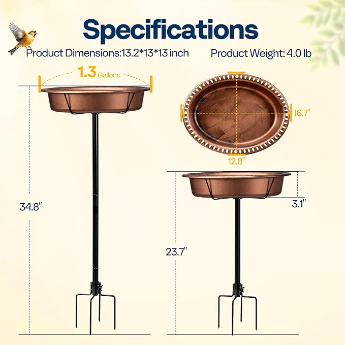 VIVOHOME Oval Bird Bath for Outside, Outdoor Birdbath Bowl with Metal Ground Stake, Weather-Resistant ABS Bird Bath and Feeder for Garden, 1.3 Gallons, Bronze