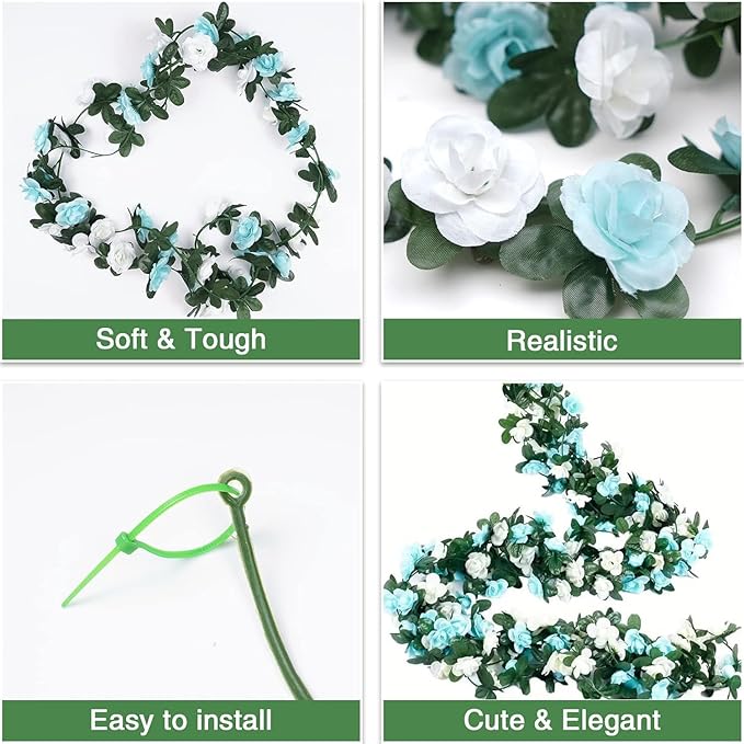 BLEUM CADE 12Pcs 98.4Ft Flower Garland Artificial Rose Vines with 98.4Ft String Lights, Cute Fake Hanging Flower Vines Floral Garland Decorations for Wedding Party Wall Room Decor Aesthetic