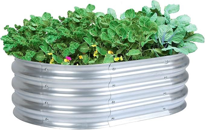 Aoodor Galvanized Raised Garden Bed Kit, 3 x 2 x 1 Ft, Oval Planter Box for Vegetables, Flowers, and Herbs, Outdoor Use, Silver