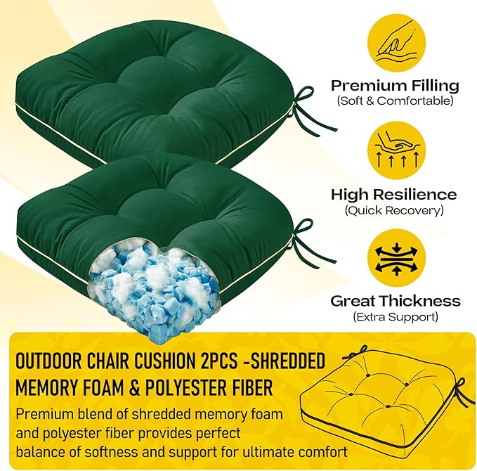 Outdoor Chair Cushions Set of 2, Outdoor Cushions for Patio Furniture and Wicker Chair, Memory Foam Patio Seat Cushion Pads with Ties, 19 x 19 Inch (Green)
