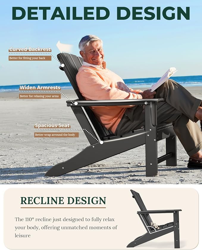 BRIOPAWS Adirondack-Chairs-Set of 2 | Fire Pit Chair | Oversized | HDPE Plastic | Weather Resistant | for Deck Outdoor Poolside Campfire | Black