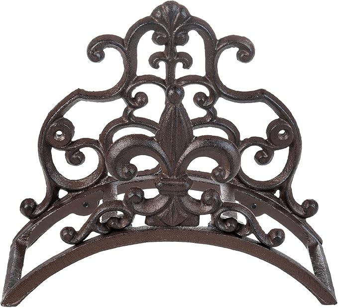 MyGift Dark Coffee Cast Iron Wall Mounted Garden Water Hose Holder, Decorative Vintage Fleur De Lis Floral Scrollwork Waterhose Reel Hanger Storage Rack