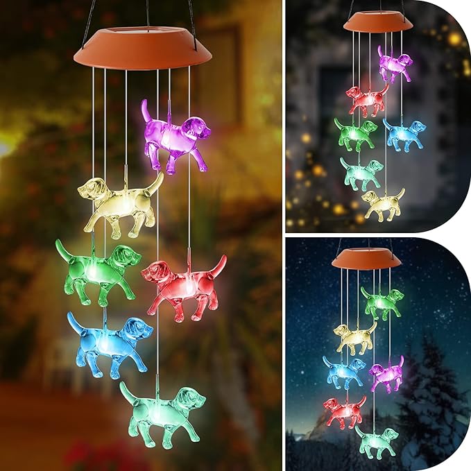 Dog Wind Chimes Solar Powered Wind Chime Outdoor Dog Remembrance Gifts Color Changing Solar Mobile Hanging Solar Wind Chimes Garden Gift for Grandma Yard Decor