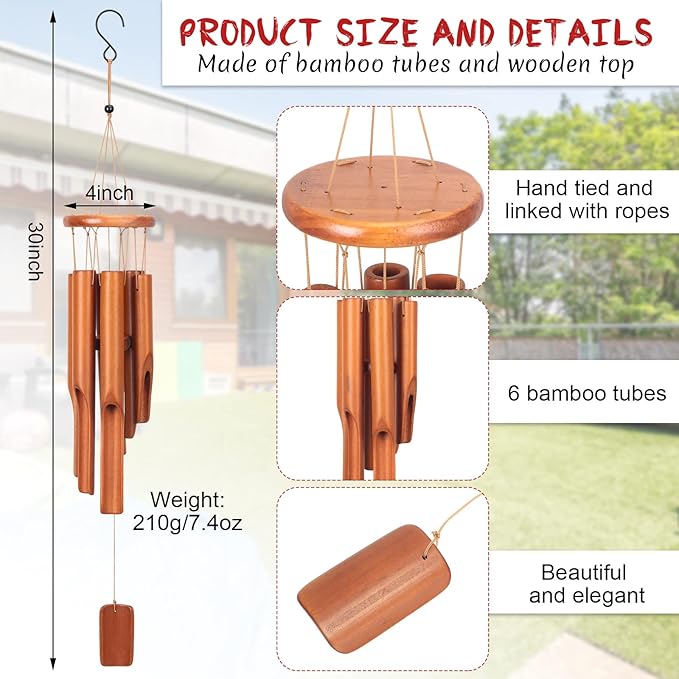 Vinsot 2 Pieces Bamboo Wind Chimes for Outside 30 Inches Wooden Classic Zen Rustic Chimes Deep Tone with Wind Catcher for Relaxation Patio Garden Indoor (Classic Bamboo)