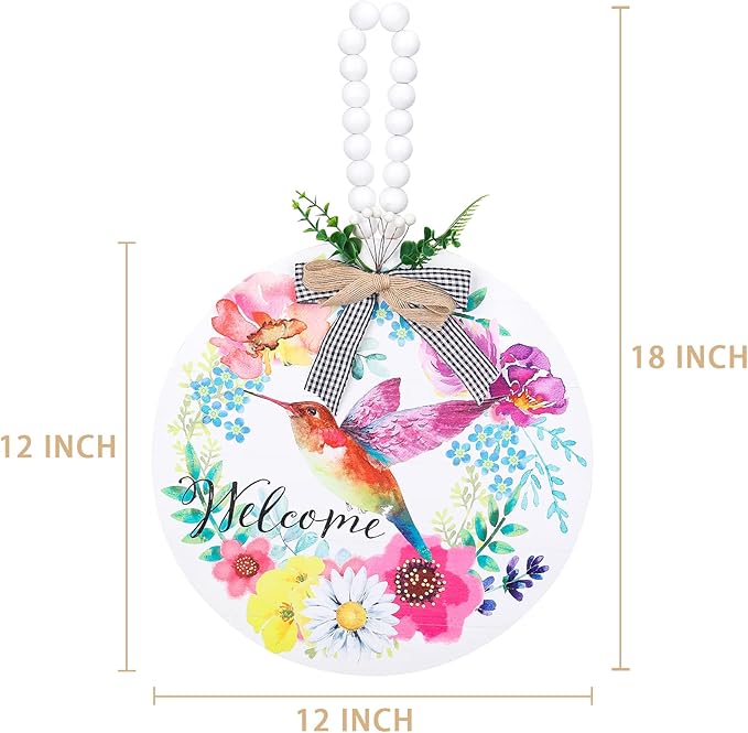 Welcome Spring Hummingbird Sign for Front Door Decor, Floral Flowers Summer Door Hanger for Outside Porch, Seasonal Farmhouse Wooden Welcome Sign Indoor Wall Hanging Decoration