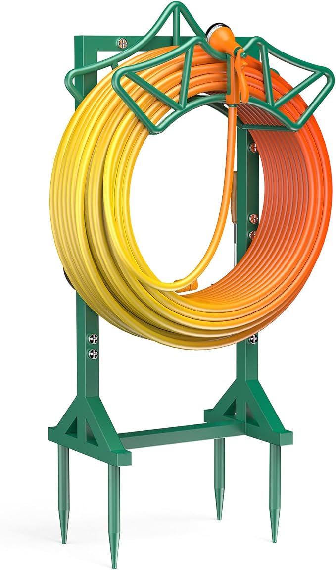 Garden Hose Holder with 2 Tool Hooks, Heavy-Duty Freestanding Hose Holder Holds 160Ft Hoses, Rustproof Freestanding Hose Stand with 4 Spikes Water Hose Hanger Storage Reel Rack for Outside, Yard, Lawn