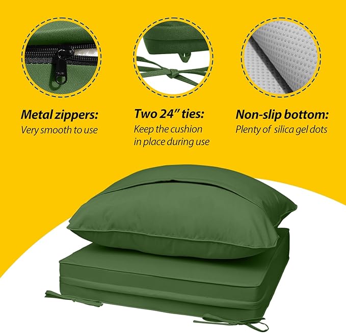 AAAAAcessories Outdoor Seat Cushions for Chairs, Fade-Resistant, Waterproof Patio Furniture Replacement Cushions, 22" x 22" x 3" + 22" x 17", Set of 4, Dark Moss Green